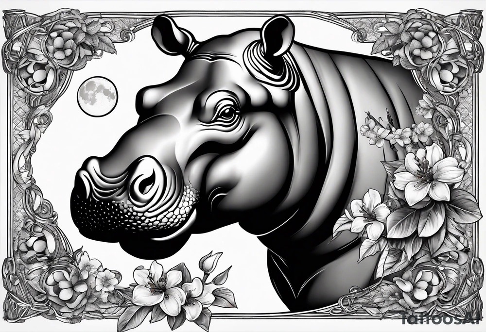 A hippo head with a detailed realistic full moon on upper right corner and wintersweet flower on lower left corner tattoo idea