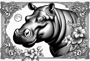 A hippo head with a detailed realistic full moon on upper right corner and wintersweet flower on lower left corner tattoo idea