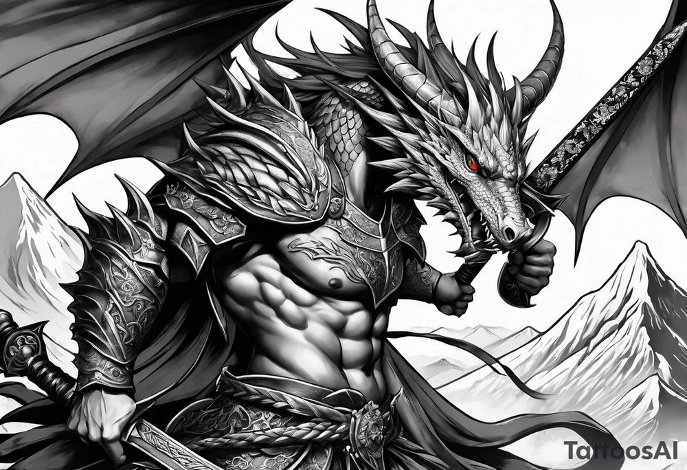warrior nymph full body with sword and a full dragon with a mountain background tattoo idea
