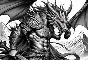 warrior nymph full body with sword and a full dragon with a mountain background tattoo idea