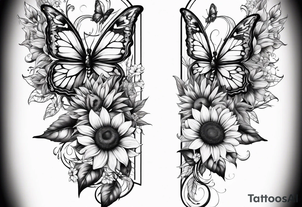 Winged cross with sunflower flowers and butterflies calf sleeve tattoo idea