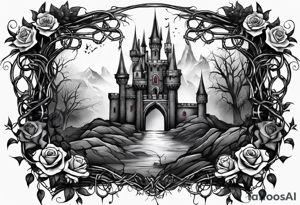 tattoo fool sleeve, destroyed dark gothic castle, tree roots break out of the chains, broken mask, roses tattoo idea