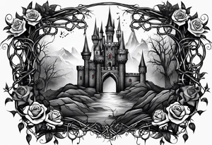 tattoo fool sleeve, destroyed dark gothic castle, tree roots break out of the chains, broken mask, roses tattoo idea