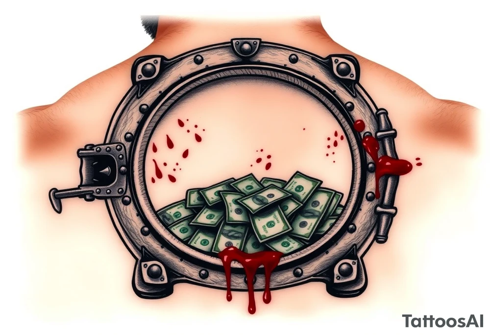 Open vault full of money with splatters of blood more realistic tattoo idea