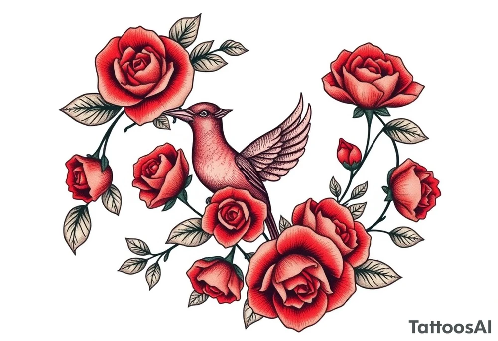 Vintage lace, red roses, red bird, vintage, wrap around, tighter together, no space open tattoo idea