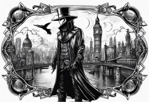 steampunk plague doctor 
city background tattoo idea