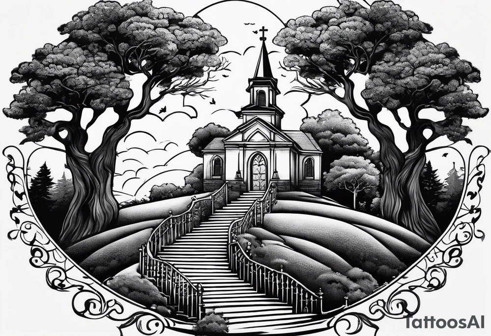 couple with 2 sons walking up on stairs on the hill and on the top of the hill is church and next to it is family tree tattoo idea