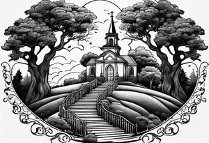 couple with 2 sons walking up on stairs on the hill and on the top of the hill is church and next to it is family tree tattoo idea