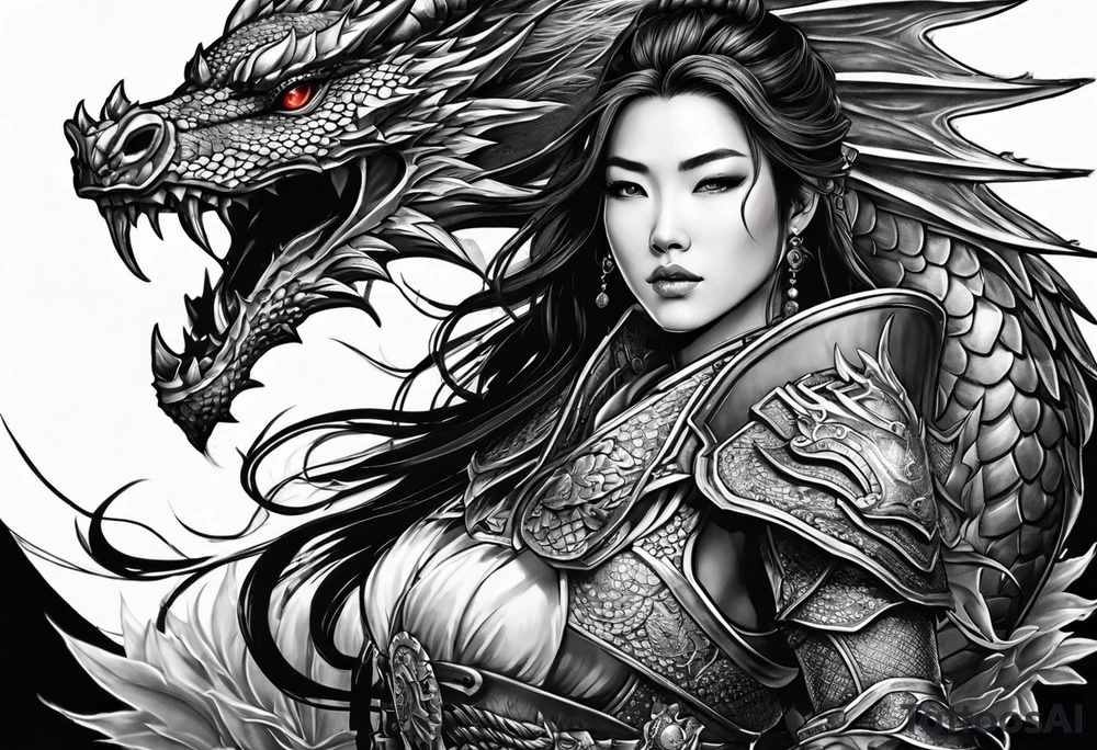 beautiful warrior woman wearing dragon armor and a dragon flying tattoo idea
