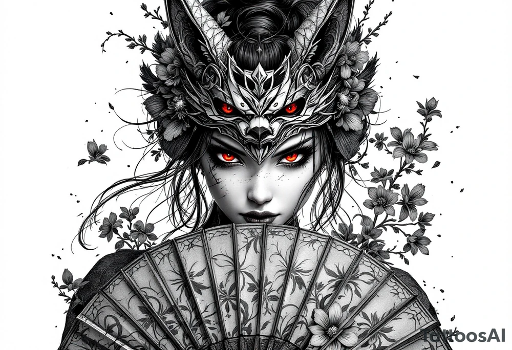 Samurai woman with red eyes wearing an half and broken kitsune's mask on her hair and holding a fan with irises flowers tattoo idea