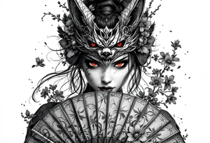 Samurai woman with red eyes wearing an half and broken kitsune's mask on her hair and holding a fan with irises flowers tattoo idea