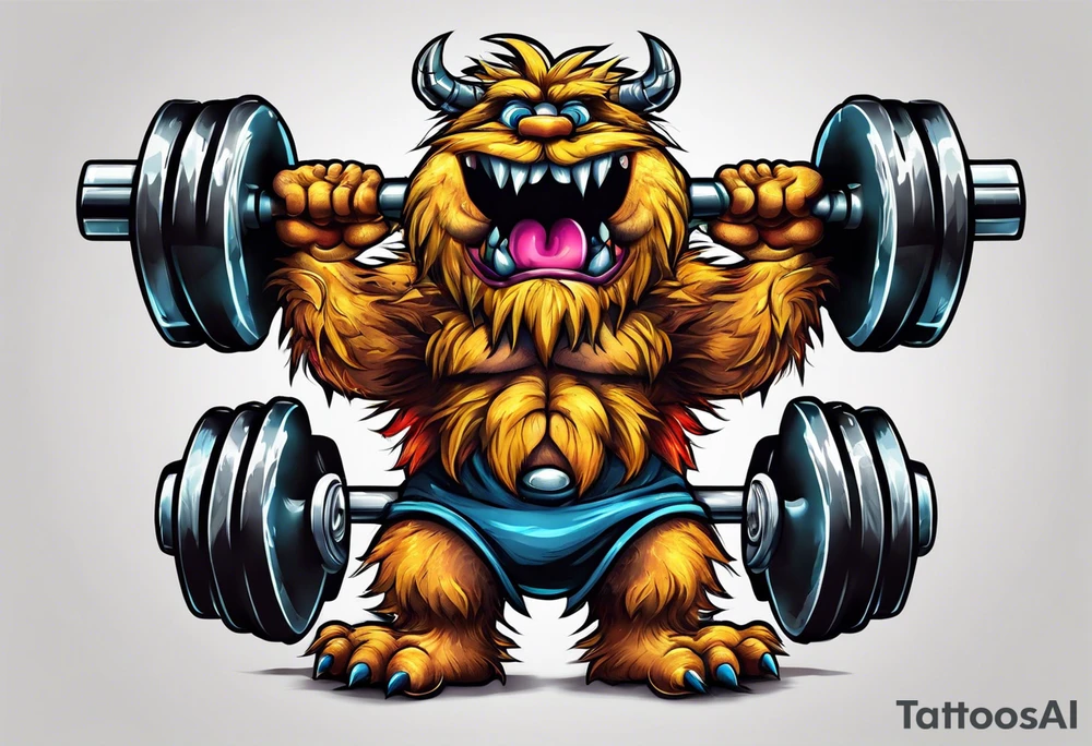 Strong old fuzzy monster lifting dumbells tattoo idea
