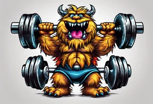 Strong old fuzzy monster lifting dumbells tattoo idea