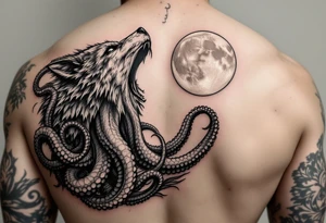 A powerful and surreal wolf octopus howling at the moon in the arm tattoo idea