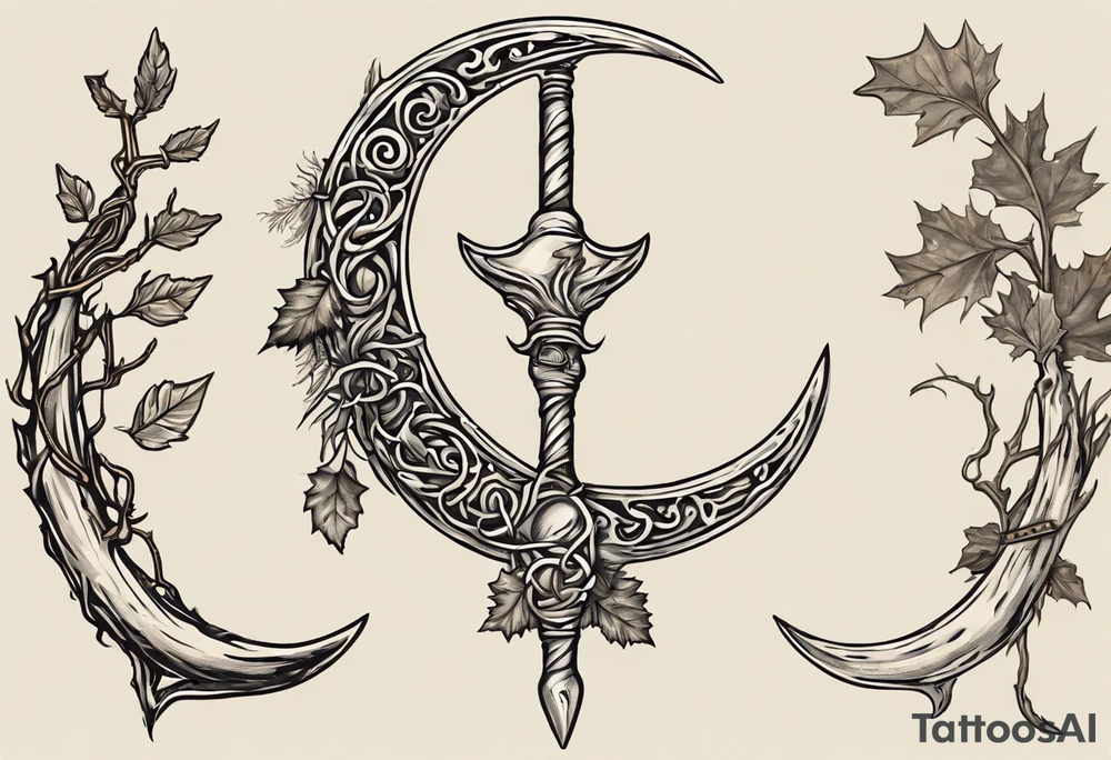 A druid sickle in the shape of a 1/4 moon, the handle has a acorn on the hilt, on the opposite side of the sickle there are four leafs,  an oak leaf in the spring, a birch leaf in the summer, a maple leaf with fall colors, and a pine leaf in the winter tattoo idea