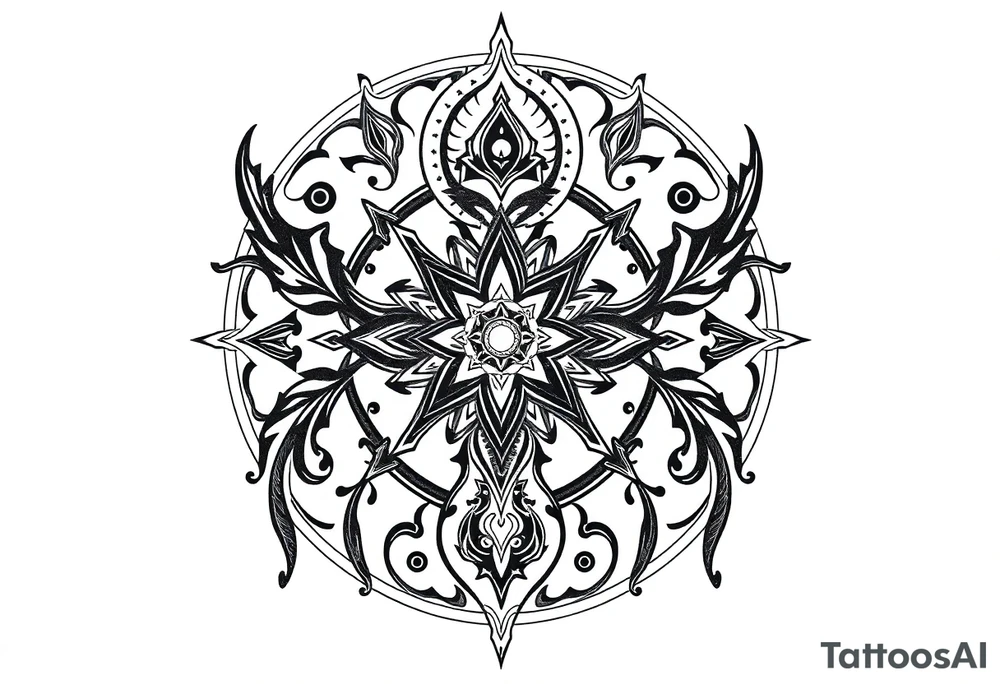 mystical dark and long ornament tattoo with shaman and witch style and ancient rhyme tattoo idea