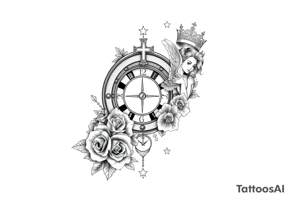 Roulette casino and princess and cross, baby angels, roses and clock and stars and fish, crown tattoo idea