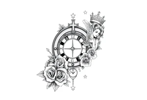 Roulette casino and princess and cross, baby angels, roses and clock and stars and fish, crown tattoo idea