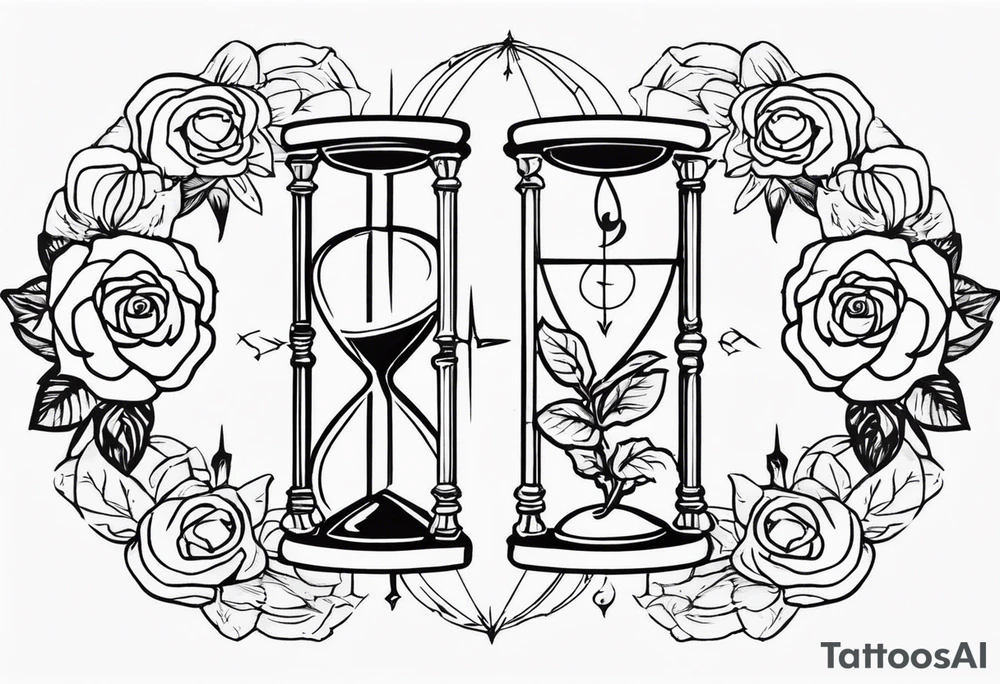 I want a design for printing on t-shirts, the design is an hourglass with a hand clock in the middle with Amazigh numbers, and these two main elements are mixed with thorny roses and planets tattoo idea