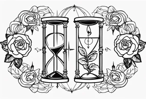 I want a design for printing on t-shirts, the design is an hourglass with a hand clock in the middle with Amazigh numbers, and these two main elements are mixed with thorny roses and planets tattoo idea