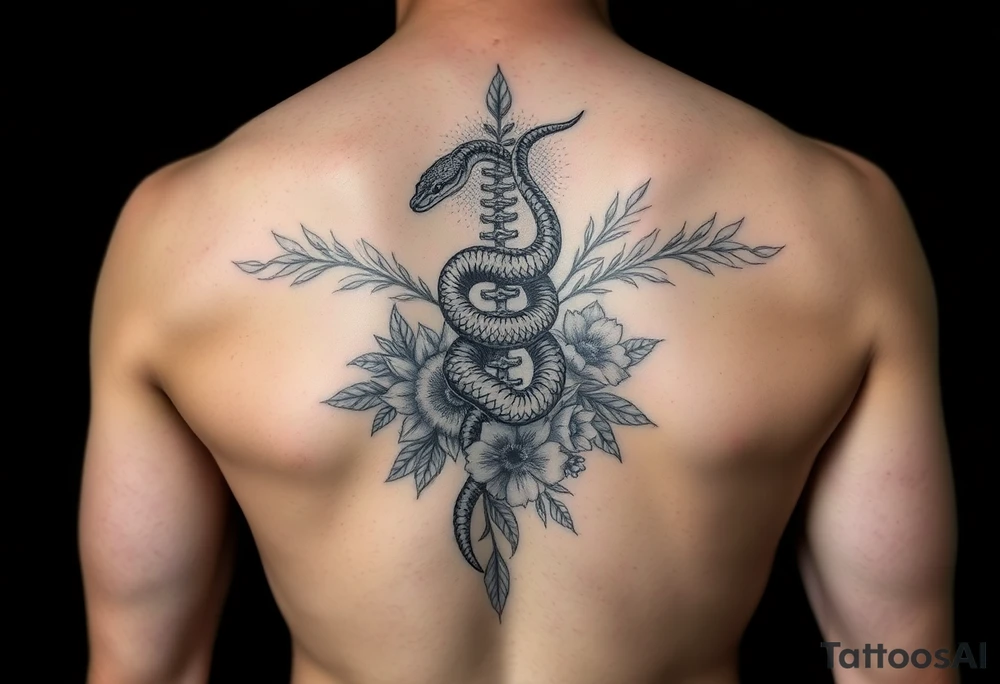 generate a spine tattoo with a snake wrapping around the spine and light florals tattoo idea