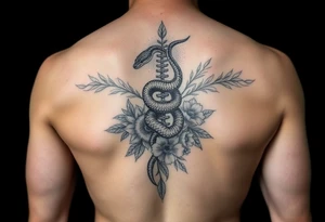 generate a spine tattoo with a snake wrapping around the spine and light florals tattoo idea