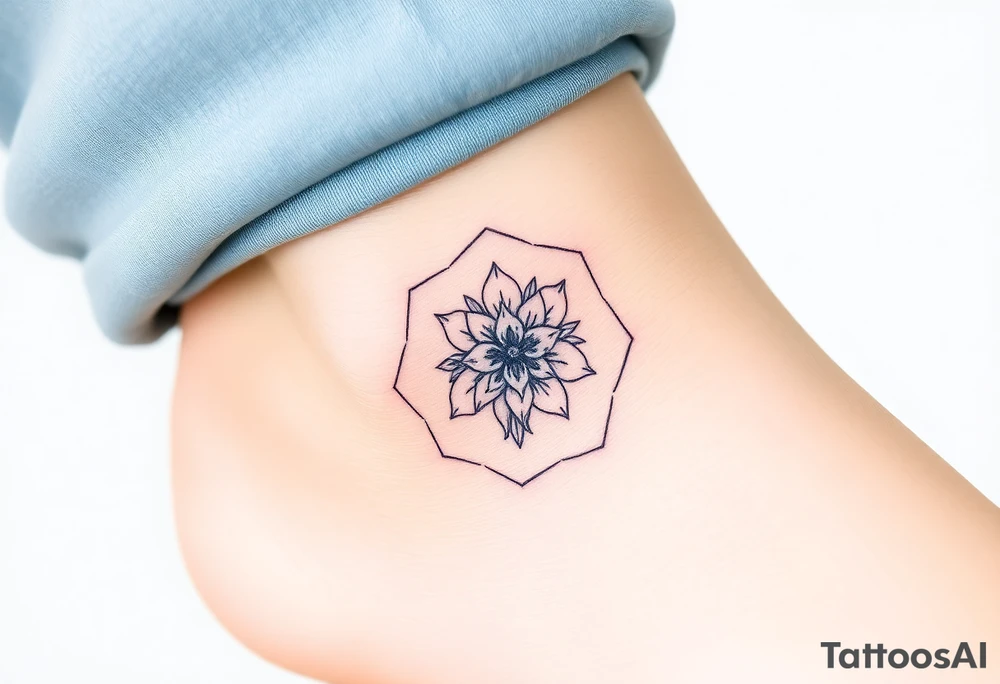 Faint Hexagon with Leo, larkspur and water lilies in the center tattoo idea