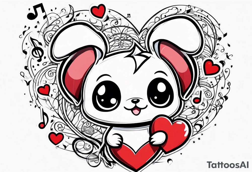 Pickachu squeezing a heart with heartbeart and music notes tattoo idea