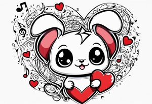 Pickachu squeezing a heart with heartbeart and music notes tattoo idea