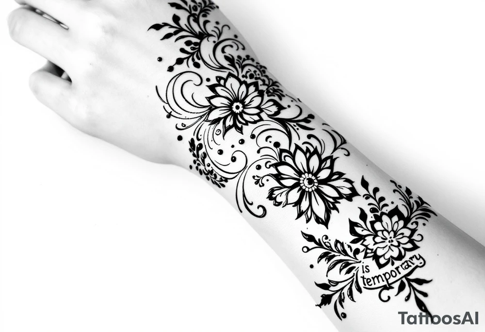 Indian style Henna tattoo for the inner wrist including words pain is temporary and make it taller than it is wide and have it flowing tattoo idea