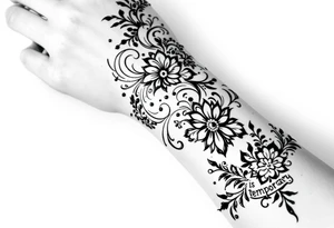 Indian style Henna tattoo for the inner wrist including words pain is temporary and make it taller than it is wide and have it flowing tattoo idea