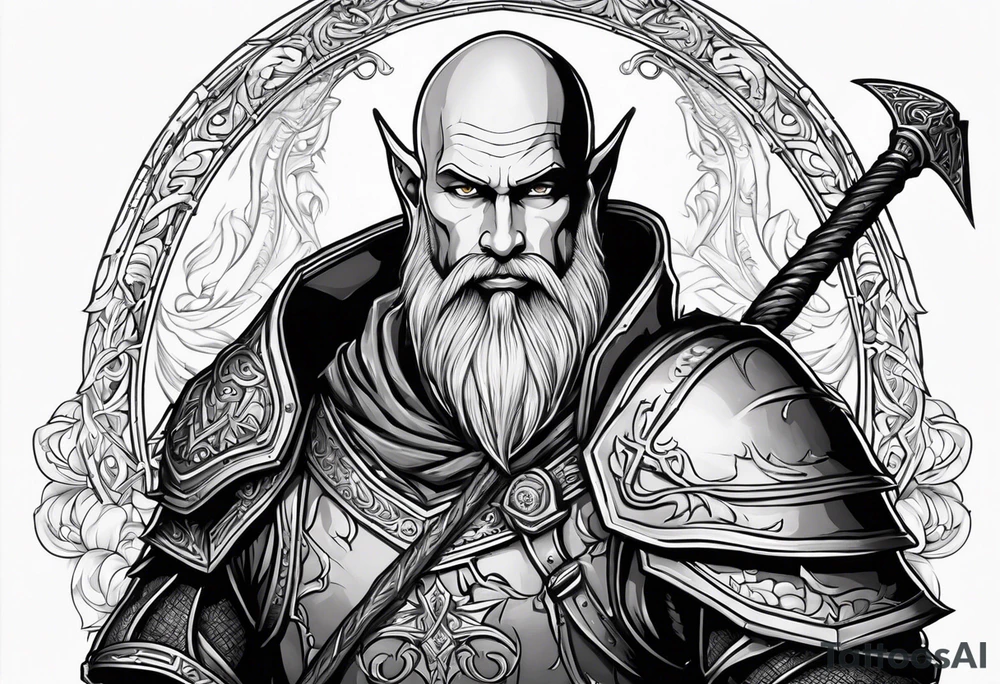 a full-body picture of a 30-year-old, human elf, bearded bald male, paladin, holding a battle axe, tattoo idea