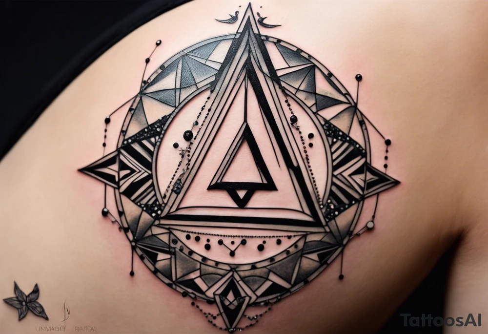 Feminine. Symbolises connection, beauty in imperfection, femininity, duality within oneself, possibility, intuition, hope, joy, spirituality and resilience. Include double triangle, unclosed triangle (delta), triangle with black tip, crescent moon, unclosed circle completed with dots or broken line, hummingbird and swallow birds. tattoo idea