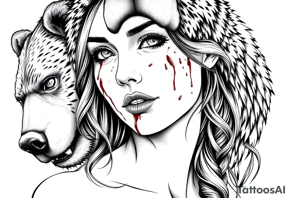 Beautiful Woman with battle scars and blood on face wearing dead bear on head tattoo idea