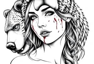 Beautiful Woman with battle scars and blood on face wearing dead bear on head tattoo idea