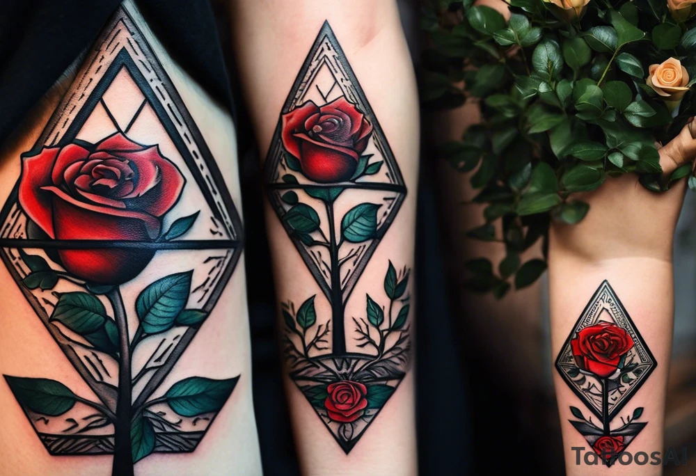 Design has three main elements, a rose, a tree and a triangle. The tree sits inside the triangle and the rose is length wise. The tattoo sits in the forearm. The tree and a triangle describes strength and resilience but also being down to earth and staying grounded. And the rose is a symbol of love and the loss of a loved one (my mother). The style should be aesthetically pleasing. tattoo idea