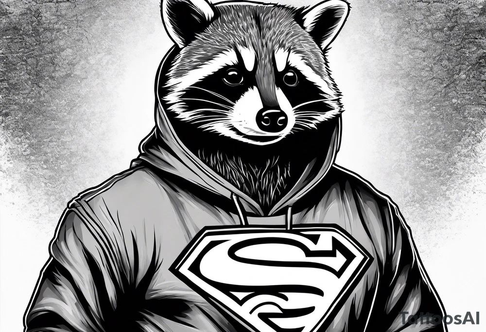 raccoon wearing a Superman hoodie tattoo idea