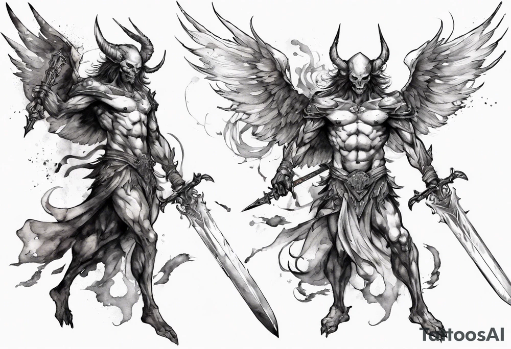 A demon angel wearing organic armor that is in mid-air with his two-handed sword behind them about to attack. tattoo idea