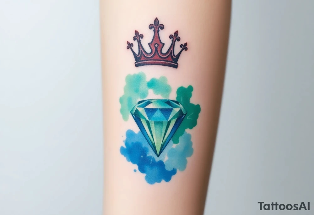A crown floating above a faceted diamond, with a subtle gradient of deep emerald green and royal blue tattoo idea