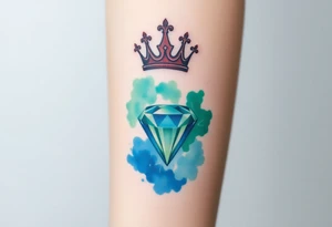 A crown floating above a faceted diamond, with a subtle gradient of deep emerald green and royal blue tattoo idea