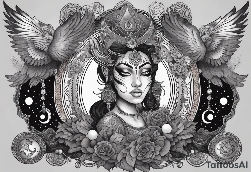 black kali, goddess pirate, alien, angel, pachamama, valkrye, warrior, flying, skull, lotus azul, wing, eagle, zenza resonance, stars, 5D, anahata chakra, death, durga, riding on a tiger, flying lady, kundalini, chest tatoo, samuri, rebel, serpent tattoo idea