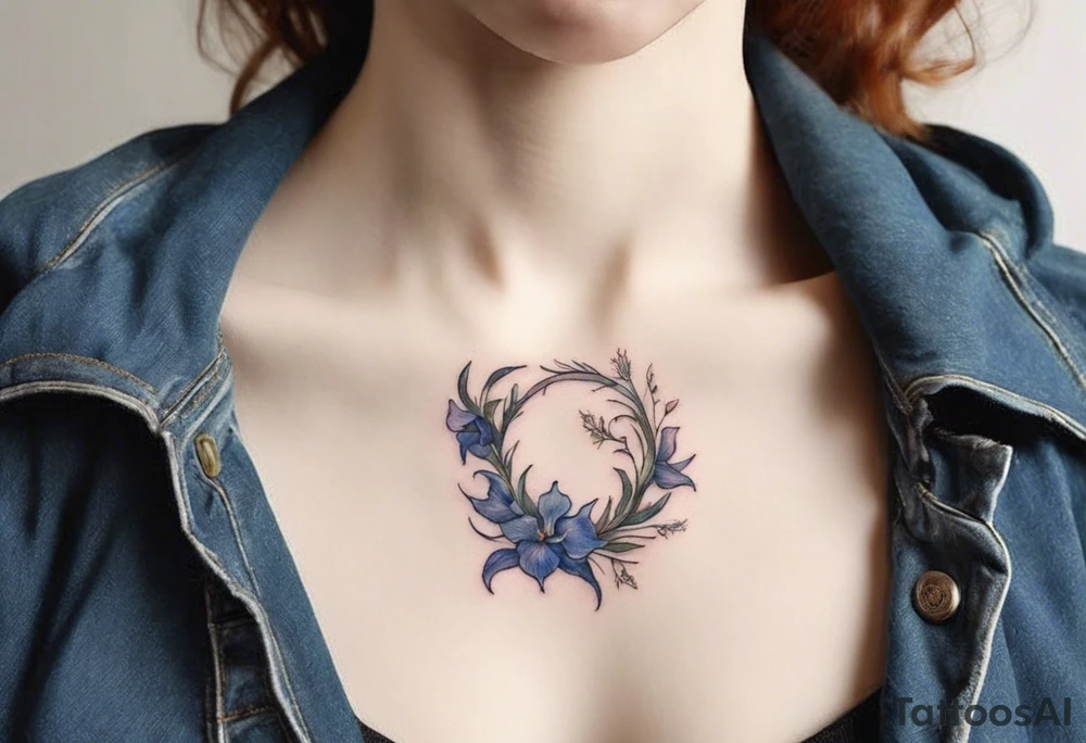 Create a small Vincent van Gogh Irises tattoo. The tattoo should take the form of a crescent, with vines gracefully intertwining at a central point in the middle of the wreath with a bird. The intended placement is on the upper chest. The overall design should be small in size while maintaining a delicate and artistic aesthetic. Pay attention to the graceful flow of the vines and the placement of the irises to achieve a refined and elegant look. tattoo idea