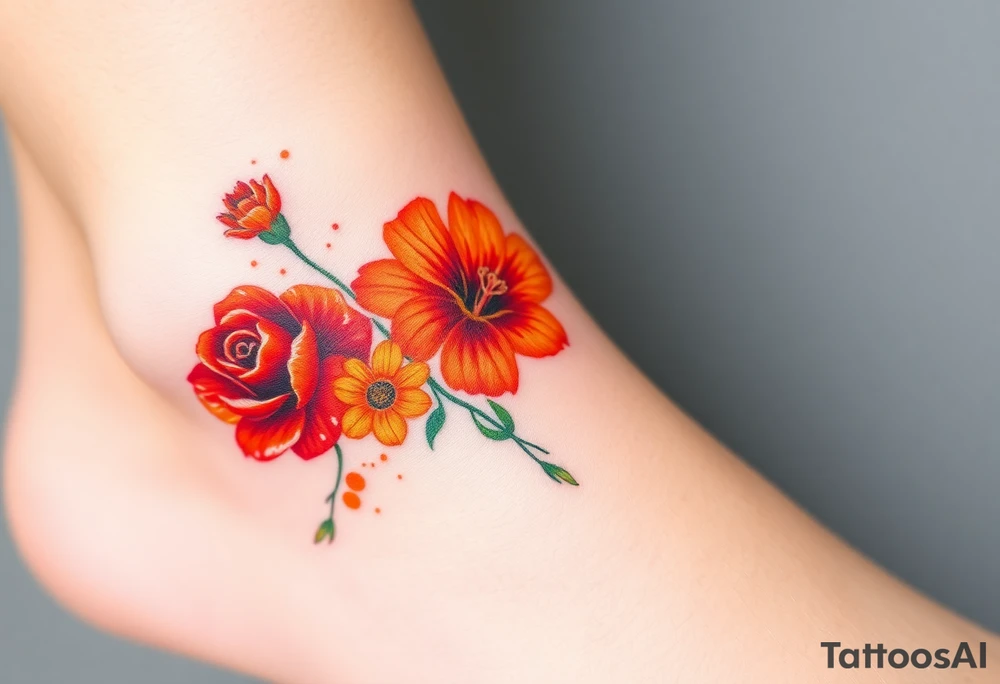 a colorful, vibrant, watercolor tattoo with one red rose, one orange lily, one gold marigold, and one orange cosmos flower and with splashes of color tattoo idea