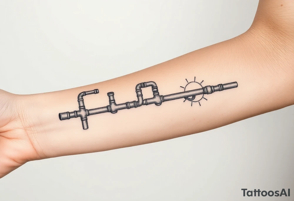 long System of pipes that transitions and transforms into veins of forearm. Top pipe starts closer to the elbow tattoo idea