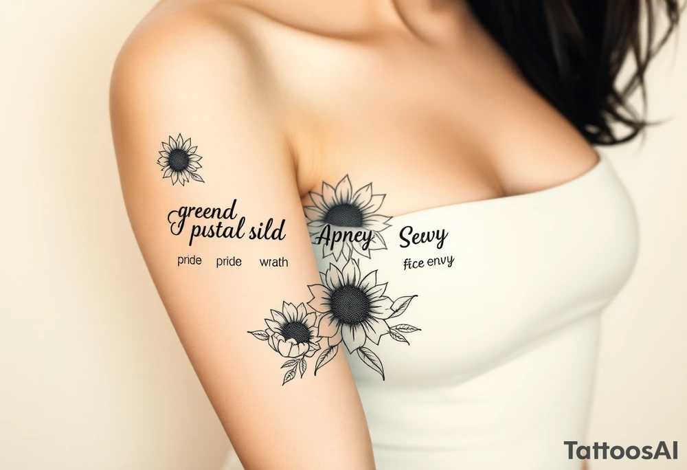 powerful sexy seven deadly sins with words greed, pride, gluttony, wrath, lust, sloth and envy, surrounded by sunflowers and roses tattoo idea