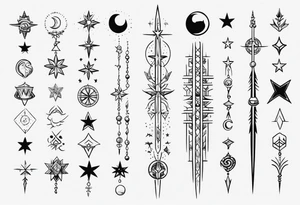 Long narrow spine tattoo. Includes moon, stars and ancient symbols. Minimal design tattoo idea