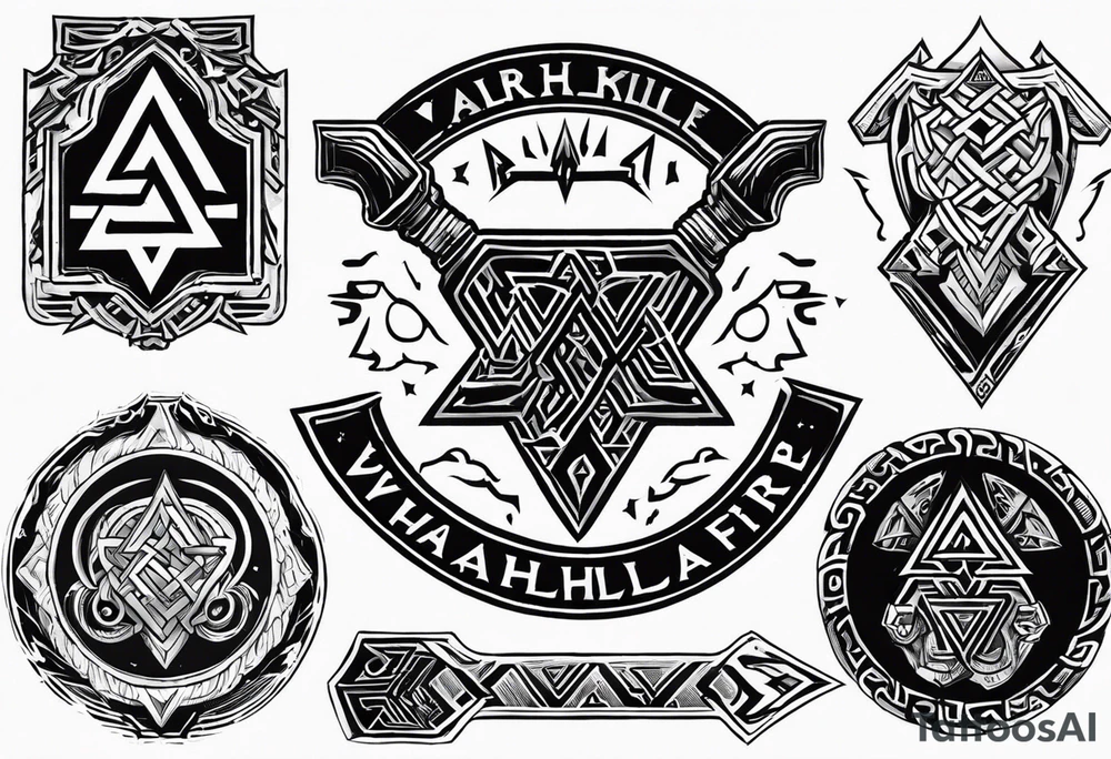 Valhalla fire sword shield axe Valknut ruins lightnings tattoo idea Valhalla fire sword shield axe Valknut ruins lightnings tattoo idea