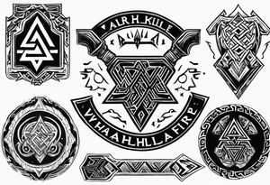 Valhalla fire sword shield axe Valknut ruins lightnings tattoo idea