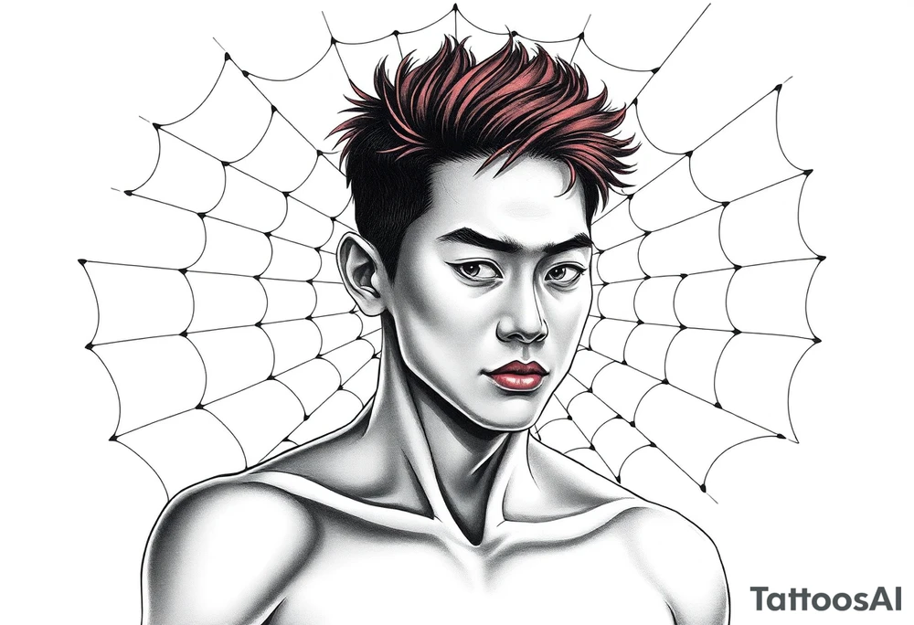 Handsome Asian young guy is behind spider web tattoo idea