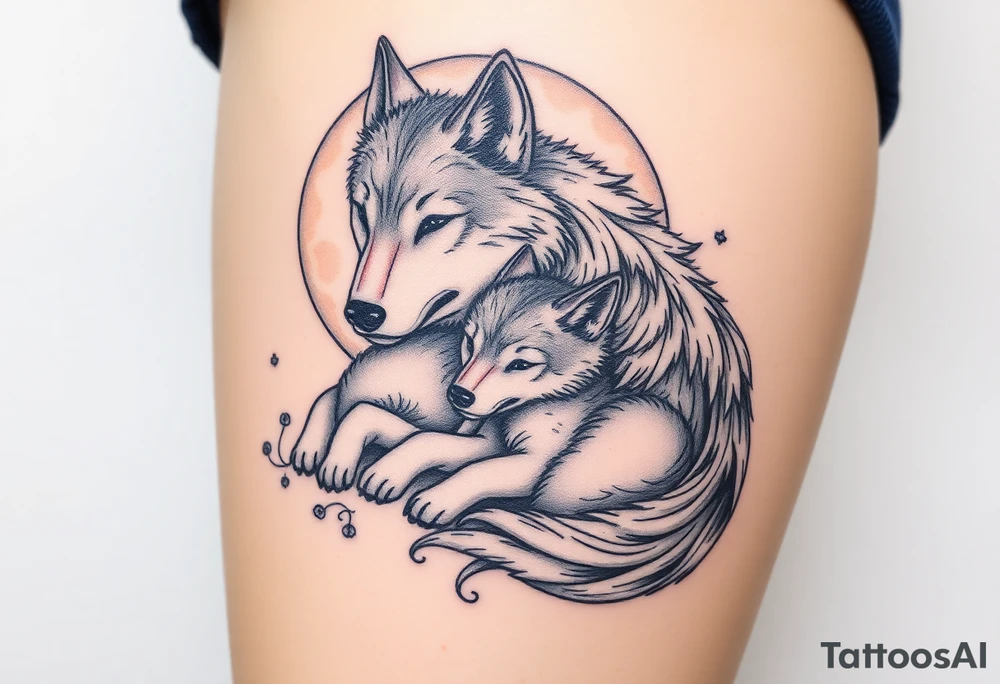 A mother wolf and her pup snuggled together, with soft gray and white fur details and a glowing full moon in the background, symbolizing fierce protection and guidance tattoo idea